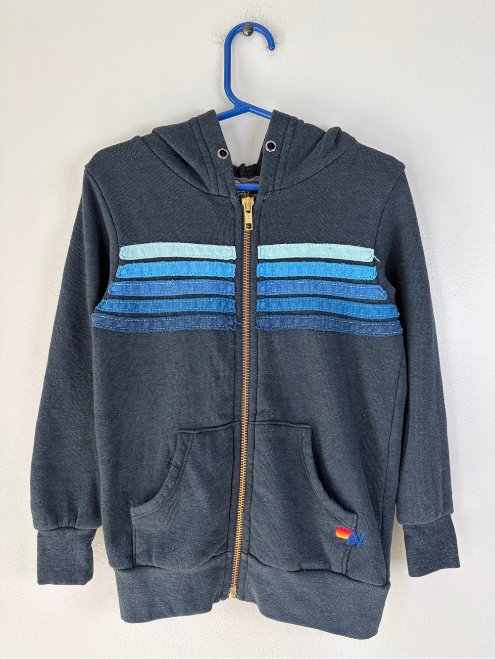 Aviator Nation Kids 5 Stripe Zip Up Hoodie in Charcoal and Blue Unisex Size 4
